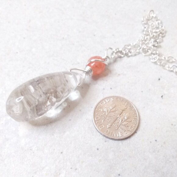 Clear Quartz w. Natural Rock Inclusions + Orange Agate Top Bead! Chain Included - Picture 7 of 8
